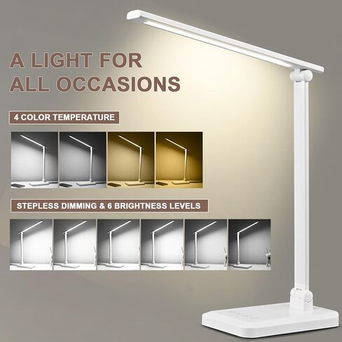 مصباح مكتب LED مع منفذ شحن USB أبيض بالكامل لأساسيات المكتب المنزلي مصباح طاولة مع العناية بالعين 4 ألوان للتحكم في درجة الحرارة باللمس ضوء مكتب يعتم بدون توقف للسكن الجامعي in Kuwait