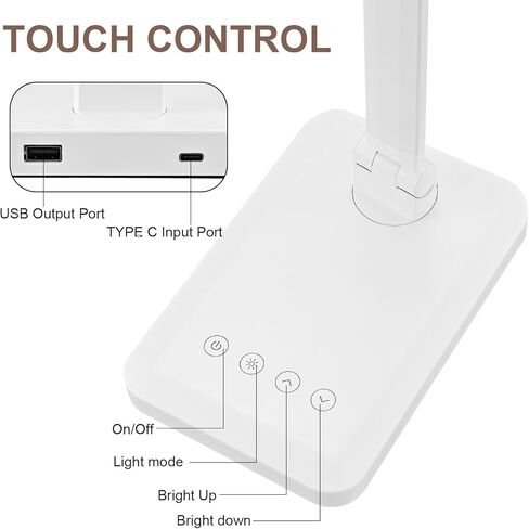 مصباح مكتب LED مع منفذ شحن USB أبيض بالكامل لأساسيات المكتب المنزلي مصباح طاولة مع العناية بالعين 4 ألوان للتحكم في درجة الحرارة باللمس ضوء مكتب يعتم بدون توقف للسكن الجامعي in Kuwait