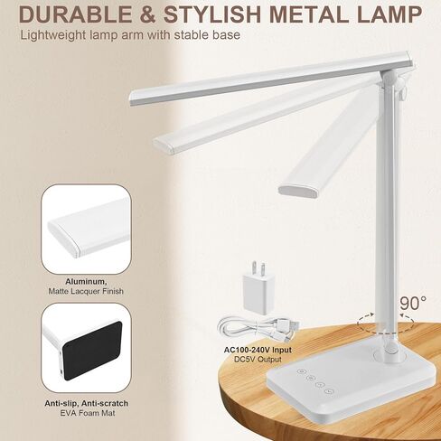 مصباح مكتب LED مع منفذ شحن USB أبيض بالكامل لأساسيات المكتب المنزلي مصباح طاولة مع العناية بالعين 4 ألوان للتحكم في درجة الحرارة باللمس ضوء مكتب يعتم بدون توقف للسكن الجامعي in Kuwait