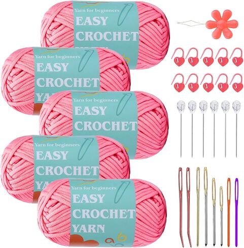 Easy Yarn for Beginners, 4x50g Beginner Yarn with Easy-to-See Stitches, Beginner Chunky Yarn with Crocheting Accessories for DIY Crocheting Projects (Light Purple) in Saudi Arabia