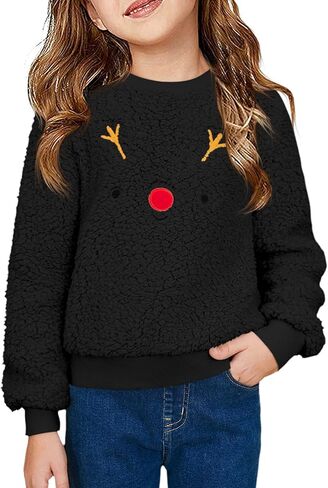 Meikulo كنزات شيربا مطبوعة على شكل حيوان الرنة للفتيات من Meikulo ملابس عيد الميلاد للأطفال برقبة دائرية من عمر 5 إلى 14 سنة in Kuwait