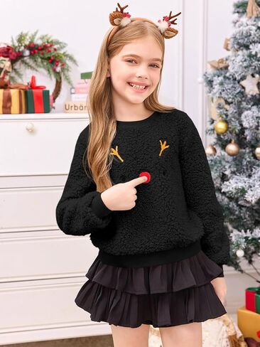 Meikulo كنزات شيربا مطبوعة على شكل حيوان الرنة للفتيات من Meikulo ملابس عيد الميلاد للأطفال برقبة دائرية من عمر 5 إلى 14 سنة in Kuwait