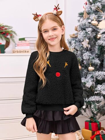 Meikulo كنزات شيربا مطبوعة على شكل حيوان الرنة للفتيات من Meikulo ملابس عيد الميلاد للأطفال برقبة دائرية من عمر 5 إلى 14 سنة in Kuwait