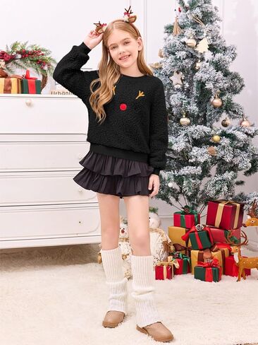 Meikulo كنزات شيربا مطبوعة على شكل حيوان الرنة للفتيات من Meikulo ملابس عيد الميلاد للأطفال برقبة دائرية من عمر 5 إلى 14 سنة in Kuwait