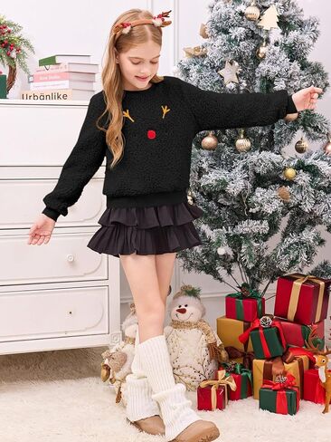 Meikulo كنزات شيربا مطبوعة على شكل حيوان الرنة للفتيات من Meikulo ملابس عيد الميلاد للأطفال برقبة دائرية من عمر 5 إلى 14 سنة in Kuwait