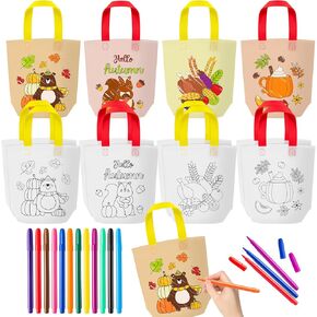 12Pcs Cute Coloring Goodie Bags for Kids, Reusable Fall Thanksgiving Art Party Favor Bags Autumn Cartoon Color Your Own Bag Tote Bags Non Woven Coloring Totes with Colorful Pens DIY Crafts Supplies