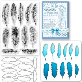 GLOBLELAND 3Set Layered Feather Silicone Clear Stamps Metal Feather Cutting Die Cuts PET Paint Craft Stencils Template for Card Making and DIY Embossing Scrapbooking Craft Decor