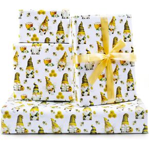 7 Sheet Bee Gift Wrapping Paper for Kids Girls Boys, Honeybee Gnome Baby Shower Birthday Gift Wrap Paper, Cute Honey Honeycomb Sunflower Gnome Art Paper Folded Flat for Spring Summer Holiday Christmas