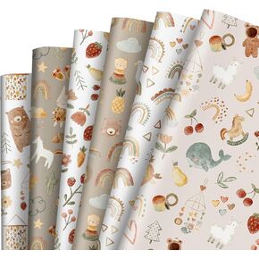 JarThenaAMCS 12 Sheets Woodland Animal Design Wrapping Paper -Not Roll- Baby Shower Cartoon boho Gift Wrap Paper Bulk Folded Flat Cute Art Paper for Birthday Holiday DIY Crafts, 19.7 x 27.6 Inch