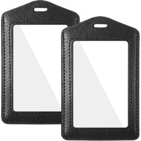 2 Pcs Genuine Leather ID Badge Holder, Vertical ID Card Holders with Double-Side Clear Window, Waterproof Credit Card Protector Name Tag Holders for Teacher Nurse School Supplies(Vertical)