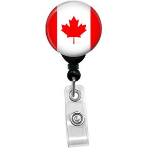Canadian Maple Leaf Flag Retractable Badge Reel - ID Card Name Tag Custom Badge Holder (Black Badge Reel with Belt Slide Clip)