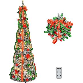 VINGLI 6ft Pop up Artificial Christmas Pine Tree with 150 Warm White Lights, Xmas Tree Holiday Party Decorations with Sturdy Metal Stand (Gold&Silver)