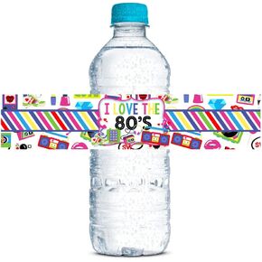 Amanda Creation Totally Awesome 80's Themed Birthday Party Waterproof Water Bottle Sticker Wrappers, 20 1.75" x 8.5" Wrap Around Labels
