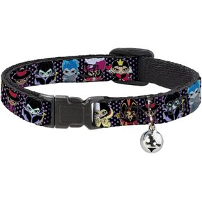 Disney Cat Collar, Breakaway Collar with Bell, Disney Sweet Chibi Villain Poses Polka Dot Black Lavender, 8.5 to 12 Inches 0.5 Inch Wide