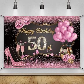AWERT Polyester 6x3.6ft Happy 50th Birthday Banner Pink Gold Sign Poster for Women 50th Birthday Party Decorations Banner Balloons High Heels Champagne Rose Diamonds 50th Birthday Party Supplies