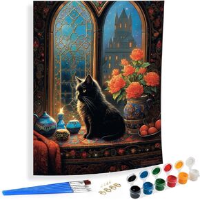 SKRYUIE Paint by Numbers Kit for Adults Beginner Cat, Acrylic Window Oil Painting by Numbers Kits with PaintBrushes Paintwork Art Crafts Canvas for Home Decor 16x20 inch