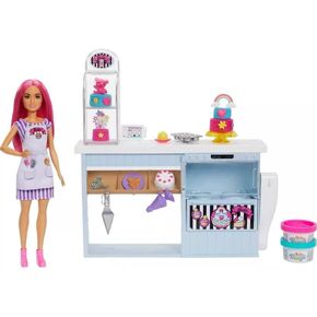 Barbie Careers Playset, Bakery Set with Pink-Haired Petite Fashion Baker Doll, Baking Station, Cake-Making Molds & Dough & 20+ Accessories