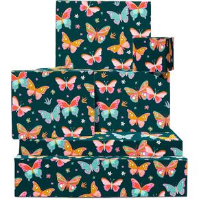 CENTRAL 23 Butterfly Wrapping Paper - 6 Sheets Of Birthday Gift Wrap - Pretty Pastel Butterflies - Dark Green Wrapping Paper For Women - Baby Shower - Recyclable