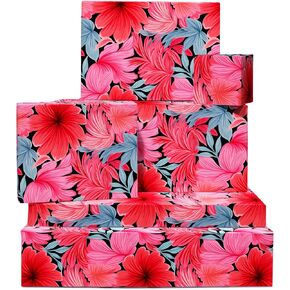 CENTRAL 23 Floral Wrapping Paper - Tropical Vibrant Red Flowers - 6 Sheets Of Gift Wrap For Her - For Birthday Wedding Anniversary Bridal Shower - Recyclable