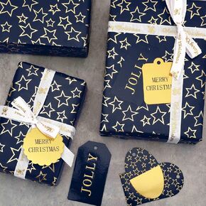JarThenaAMCS 6 Sheet Christmas Wrapping Paper with 32Pcs Tags -Not Roll- Dark Blue Gold Foil Stars Gift Wrap Paper Folded Flat Xmas Art Paper for Crafts Gift Packaging, 27.6 x 39.4 Inch