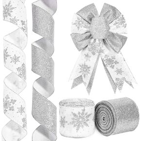2 Rolls 20 Yards Snowflake Satin Wired Ribbon Christmas Silver Glitter Snowflake Ribbon for Winter Xmas Gift Wrapping DIY Crafts Xmas Wreath Bow Decor