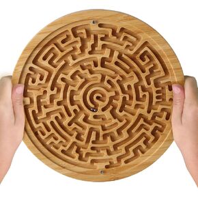 Round Wooden Labyrinth Board Game - Marble Maze for Education and Fun, Toddler Activity Board, Brain Teaser Puzzle Logic Game with Two Metal Balls for Kids, Adults, Teens, Boys, and Girls