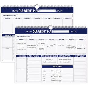 Fulmoon 2 Pcs 52 Sheets Weekly Planner 13 x 17'' Family Planner Spiral Weekly Calendar Habit Tracker Calendar Family Meal for Wall Planning Organizing Goals Tasks Chores(Eucalyptus)