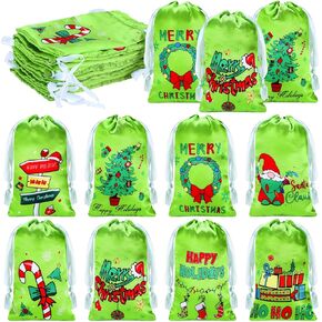 48 Pcs Green Drawstring Christmas Gift Bags Satin Xmas Goodie Bag Bulk Elf Christmas Treat Bags Small Goody Candy Bags for Winter Holiday Party Favor Supplies Tree Stockings, 4 x 6 Inches