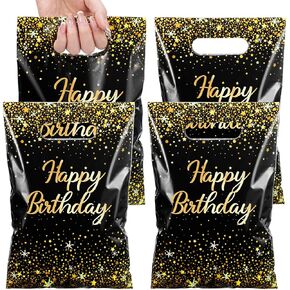 Pasimy 50 Pcs Black Gold Birthday Gift Bags Black Gold Party Favor Bags Golden Plastic Goodie Treat Bags with Handle for Birthday Party Wedding Bridal Baby Shower Christmas New Year Gift Supplies
