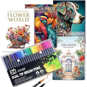 Adult Coloring Book for Adults Relaxation, Mindfulness Coloring Book with 24 Dual Tip Markers, Anxiety Relief Gifts for Women with 128 Patterns Include Plants Animals Flowers Garden Style (4 Pack)