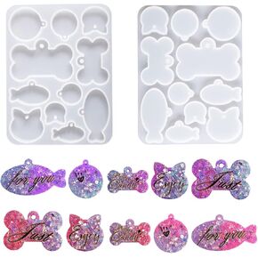 11 Cavities Dog Bone Shaped Tag Resin Mold Dog Bone Keychain Charms Silicone Mold Cat Tag Dog Tag Round Shaped Casting Molds with Hole for DIY Crafts Jewelry Pendant Earring