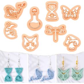 Puocaon Mystic Polymer Clay Cutters - 8 Pcs Boho Clay Earring Cutters, Mystic Cats Clay Jewelry Cutters, Dragonfly Clay Cutters for Jewelry Making, Lotus Moon Cutters for Clay Earrings Making