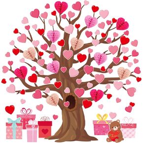 Buryeah 77 Pcs Valentine's Day Tree Bulletin Board Set 47 x 46'' Tree Background 3D Heart Honeycomb Owl Love Bulletin Board Cutouts for Valentine's Day Spring Home Classroom(Gift Boxes)