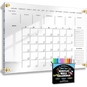 Classic Acrylic Calendar for Wall | Oversize 36' X 24' | Clear Home Office Glass Calander Dry Erase Board Large Reusable Whiteboard Big Monthly Family Planner 9X Liquid Chalk Markers