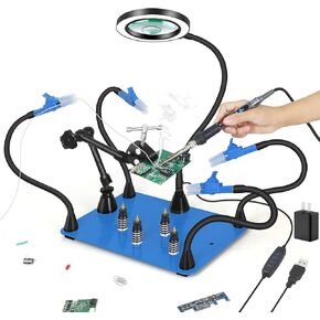 Toolour Magnetic Helping Hands Soldering Third Hand, PCB Circuit Board Holder with 6X/3X LED Magnifying Lamp, 360 Hot Air Gun Holder, Extra Large Solder Clamps, Flexible Arms for Soldering Station