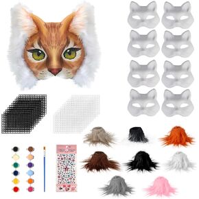 Giftota 43 Pcs DIY Therian Mask Kit for Boys Girls - 8 Blank Cat Mask with Plush Faux Fur, Eye Mesh, Paint Pot, Paint Pen, Gem Sticker - DIY Masks for Christmas Party Interaction Masquerade Cosplay