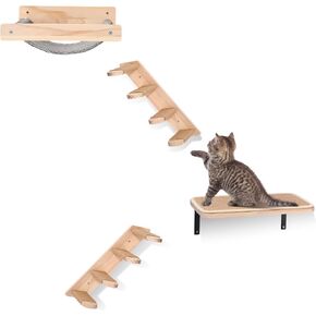 Kisston 4 Pcs Cat Wall Shelves Stairs Hammock Set Wooden Cat Wall Furniture Cat Climbing Shelves with 4 Steps Cat Stairway with Sisal Rope Scratching Hammock Mounted Cat Bed for Sleeping, Playing