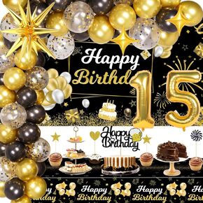 زينة عيد الميلاد الثاني والثلاثين له، 32 زينة عيد ميلاد تتضمن لافتة خلفية باللونين الأسود والذهبي، ومفرش طاولة، وبالونات ذهبية عدد 32، وبالونات نجمة الانفجار