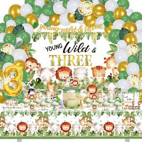 Young Wild and Three Birthday Decorations for Boys Girls, 157 Pcs Jungle Safari Theme Party supplies for Baby - Young Wild & Three Backdrop, Cake, Cupcake Toppers, Cupcakes Wrappers, Balloons,