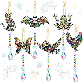 Tradder 6 Pieces Day of The Dead Animals Skeletons Diamond Art Wind Chimes Kits Colorful Muertos Cat Bat Halloween Diamond Art Wind Chimes 5D DIY Skull Diamond Art for Beginners