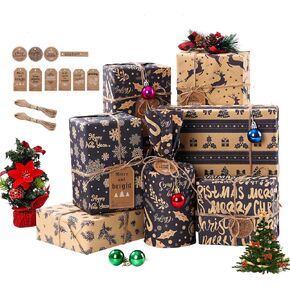 Christmas Wrapping Paper, 12 Sheets Navy Blue and Brown Xmas Gift Wrapping Paper, Recyclable Kraft Christmas Wrap Paper Set with 10 Tags & 65.6ft Jute String