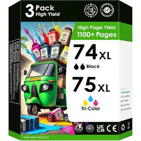 HP 74/75XL Ink Cartridges. Works with Officejet J6480 J5780, Deskjet D4260 D4360 Photosmart C4280 C5280 C4480 Printers. 3 Pack (2 Black, Tri-Color)