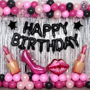 Pink and Black Happy Birthday Decorations for Women Girls Happy Birthday Banner 94pcs Hot Pink Happy Birthday Balloons Silver Fringe Curtain Giant Red Lipstick Balloon Set