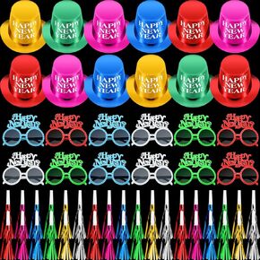 Shappy 36 Pieces Happy Year Party Supplies Includes 12 Paper Year Party Hats, 12 LED Light up Glow in The Dark Glasses, 12 Colorful Blowers Noisemakers for Year's Eve Party Decoration Supplies