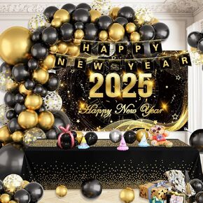 MEHOFOND 2025 Happy New Year Party Decorations, Black and Gold Balloons Arch Kit, Hello 2025 NYE Party Decor, Time to 2025 Balloon Garland with Happy New Year Flag Banner, Backdrop, Tablecloth