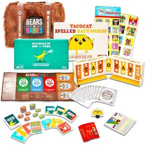 Family Game Night Games - Family Friendly Party Games Bundle Includes Bears vs Babies, Tacocat Spelled Backwards, and On a Scale of One to T-Rex Plus Stickers | Party Board Games for Kids