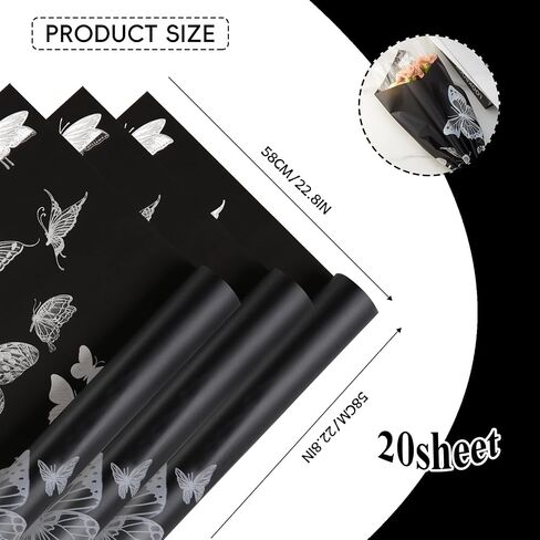 Gloreyan 20 Sheets Flower Wrapping Paper with Butterfly, Florist Bouquet DIY Craft Fresh Flower Wrapping Paper Waterproof Floral Wrapping Gift Packaging Material Florist Supplies (Black) in Saudi Arabia