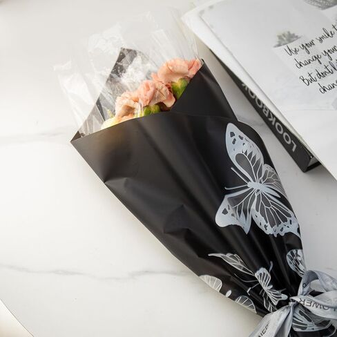 Gloreyan 20 Sheets Flower Wrapping Paper with Butterfly, Florist Bouquet DIY Craft Fresh Flower Wrapping Paper Waterproof Floral Wrapping Gift Packaging Material Florist Supplies (Black) in Saudi Arabia