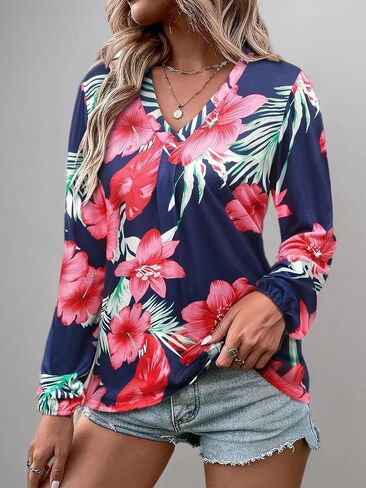 ZXZY Womens Hawaiian Shirt Vintage Leaf Floral Printed Tropical Tops V Neck Puff Long Sleeves Shirts in Kuwait