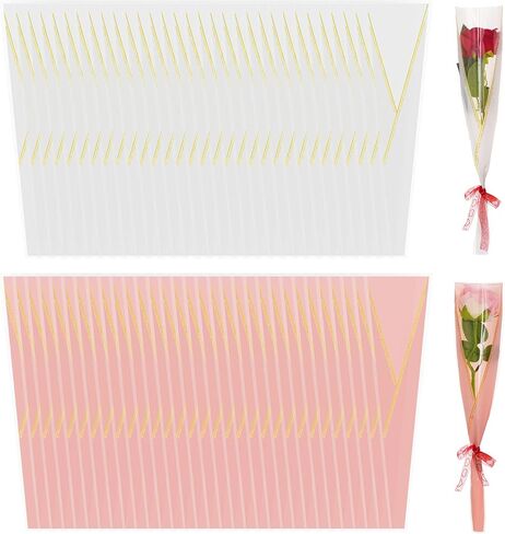 100pcs Single Rose Sleeve Flower Wrapping Paper Single Flower Packaging Bags Waterproof Single Flower Wrapping Bags Gold Edge Flower Bouquet Sleeve for Mother's Day Wedding Bouquet Valentine's Gifts in Saudi Arabia